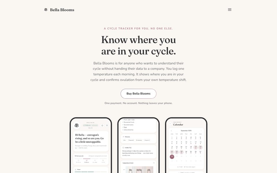 The Bella Blooms website with the app on three phones